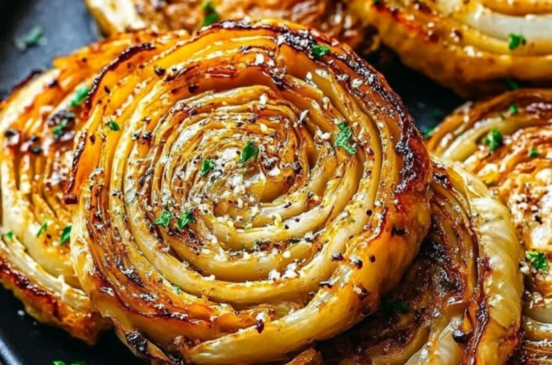 Delicious roasted cabbage steaks garnished and ready to serve.