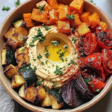 Roasted veggie and hummus bowl filled with fresh ingredients and vibrant colors