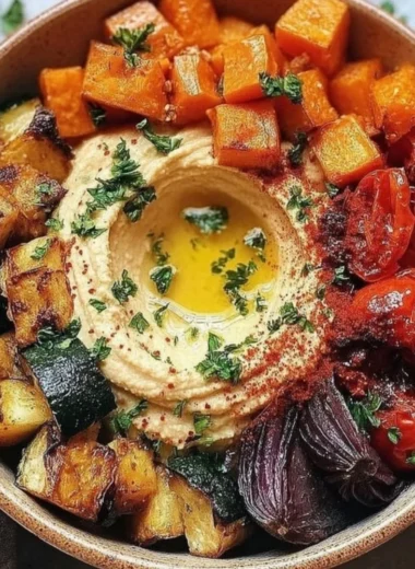 Roasted veggie and hummus bowl filled with fresh ingredients and vibrant colors