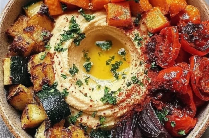 Roasted veggie and hummus bowl filled with fresh ingredients and vibrant colors