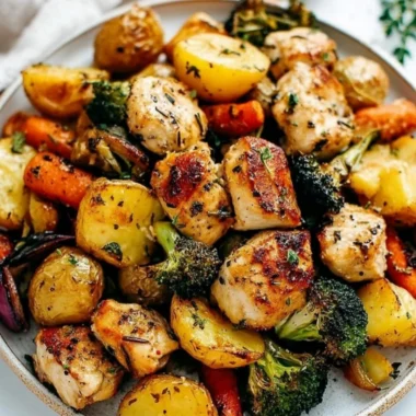 Sheet pan lemon herb chicken with colorful vegetables on a baking tray