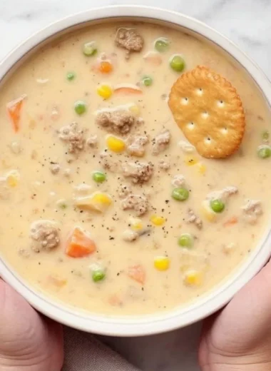 Bowl of delicious Shepherd's Pie Soup garnished with fresh herbs and ingredients.