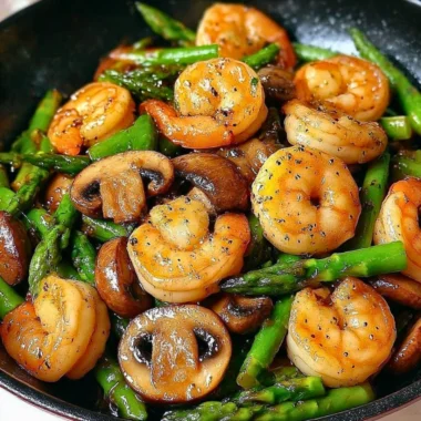 Shrimp stir-fry featuring asparagus and mushrooms in a savory sauce.