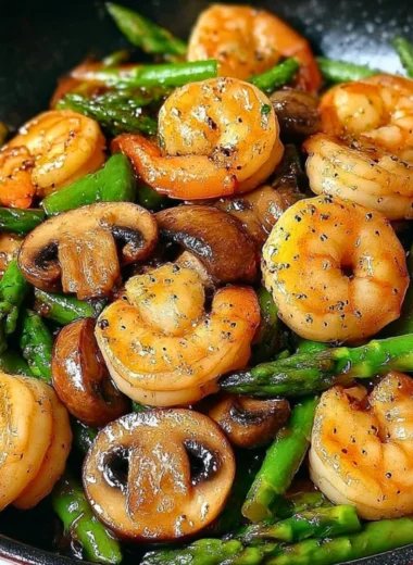 Shrimp stir-fry featuring asparagus and mushrooms in a savory sauce.