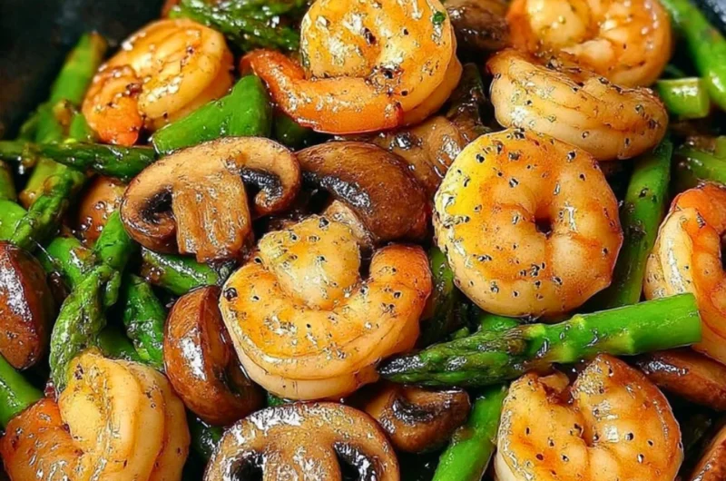 Shrimp stir-fry featuring asparagus and mushrooms in a savory sauce.
