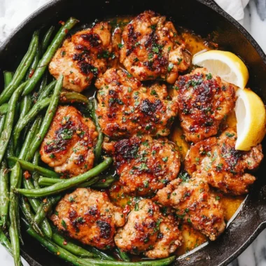 Skillet garlic butter chicken served with green beans, a delicious meal recipe.