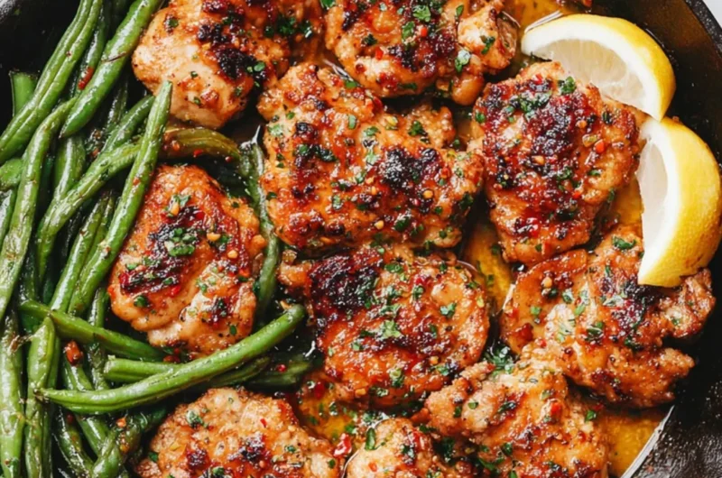 Skillet garlic butter chicken served with green beans, a delicious meal recipe.