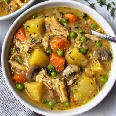 Bowl of slow cooker chicken stew with vegetables and herbs