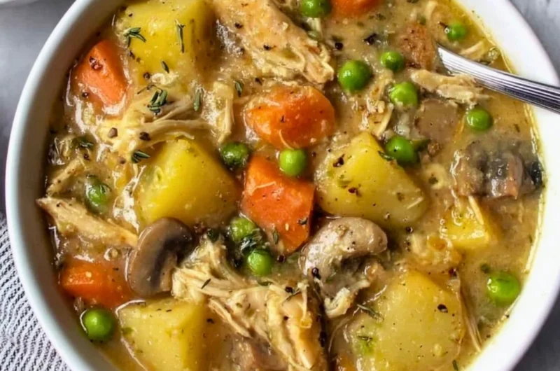 Bowl of slow cooker chicken stew with vegetables and herbs