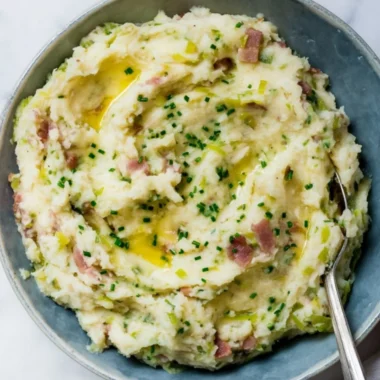 St. Patrick's Day Colcannon Irish potatoes with bacon on a plate