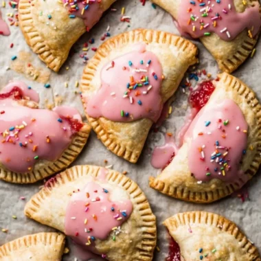 Delicious homemade Strawberry Rhubarb Pop Tarts on a rustic table.