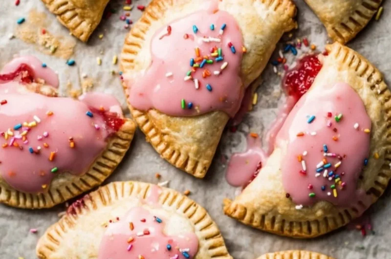 Delicious homemade Strawberry Rhubarb Pop Tarts on a rustic table.