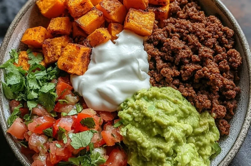 Delicious Sweet Potato Taco Bowl filled with colorful ingredients and vibrant toppings