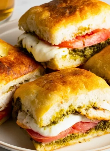 Toasted chicken pesto sandwich with juicy chicken and fresh basil pesto on crispy bread