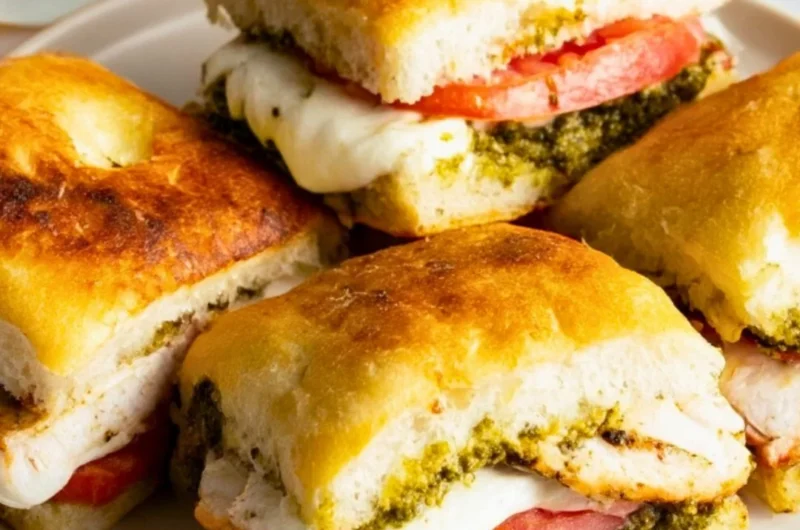 Toasted chicken pesto sandwich with juicy chicken and fresh basil pesto on crispy bread