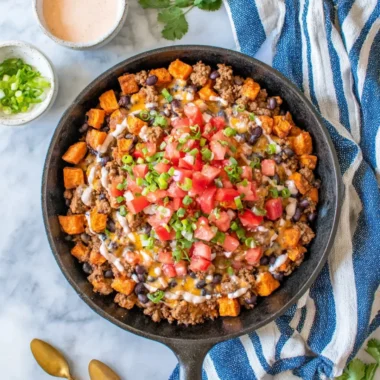 Turkey Sweet Potato Skillet with vibrant vegetables and savory spices