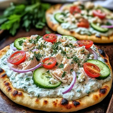 Slice of Tzatziki Chicken Pizza topped with fresh ingredients and flavorful tzatziki sauce.