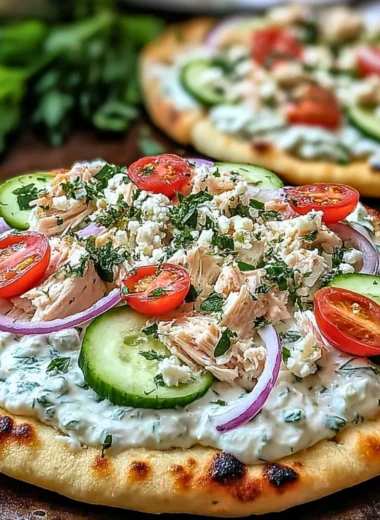 Slice of Tzatziki Chicken Pizza topped with fresh ingredients and flavorful tzatziki sauce.