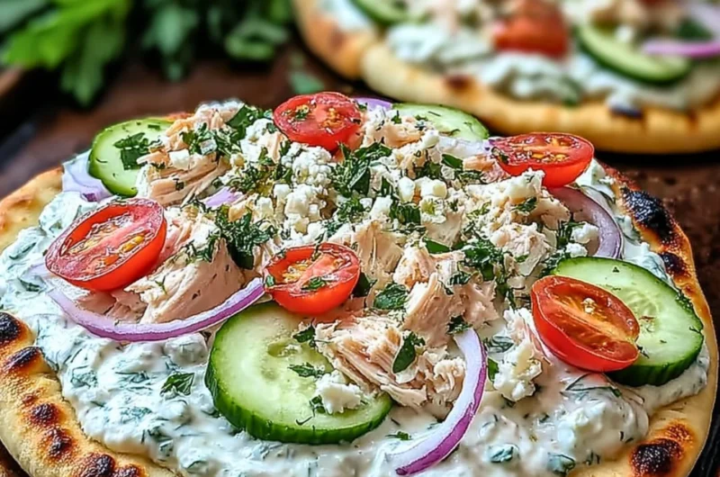 Slice of Tzatziki Chicken Pizza topped with fresh ingredients and flavorful tzatziki sauce.