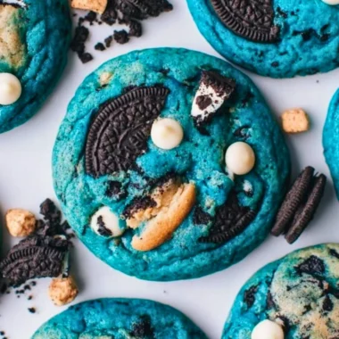 Delicious Cookie Monster cookies with chocolate chips and blue frosting
