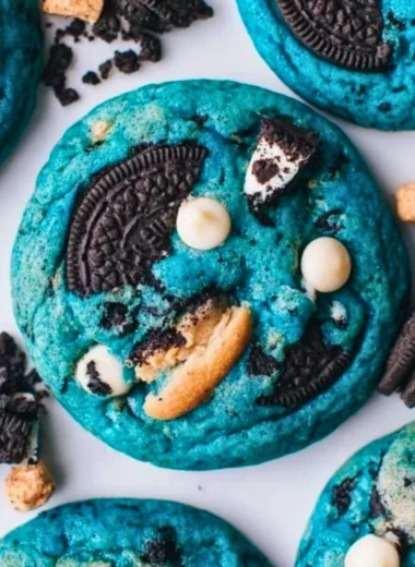Delicious Cookie Monster cookies with chocolate chips and blue frosting