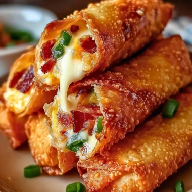 Crispy Bacon Jalapeño Popper Egg Rolls on a plate garnished with dipping sauce.