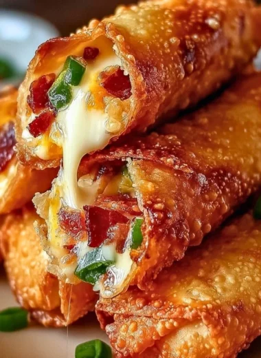 Crispy Bacon Jalapeño Popper Egg Rolls on a plate garnished with dipping sauce.