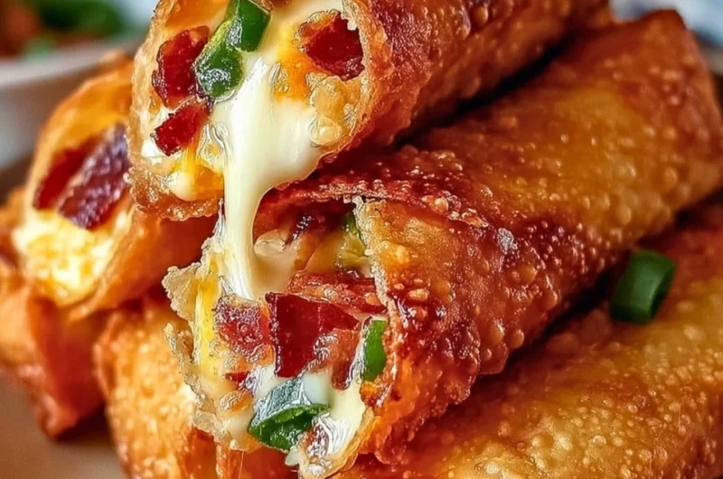 Crispy Bacon Jalapeño Popper Egg Rolls on a plate garnished with dipping sauce.