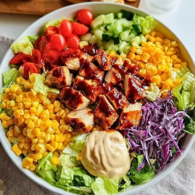 BBQ chicken chopped salad with colorful vegetables and dressing