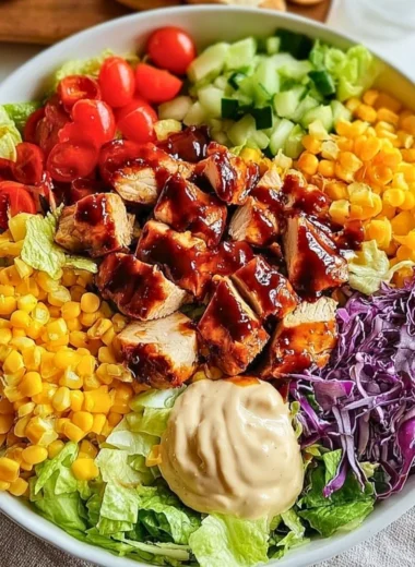 BBQ chicken chopped salad with colorful vegetables and dressing