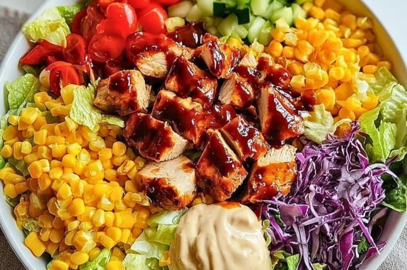 BBQ chicken chopped salad with colorful vegetables and dressing