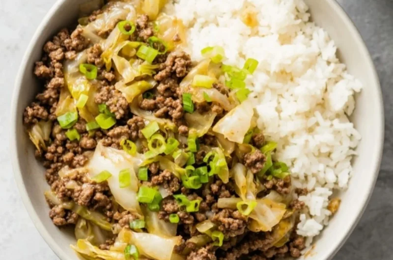Delicious Beef and Cabbage Stir Fry served in a bowl