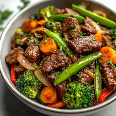 Beef stir fry with vibrant vegetables served on a plate