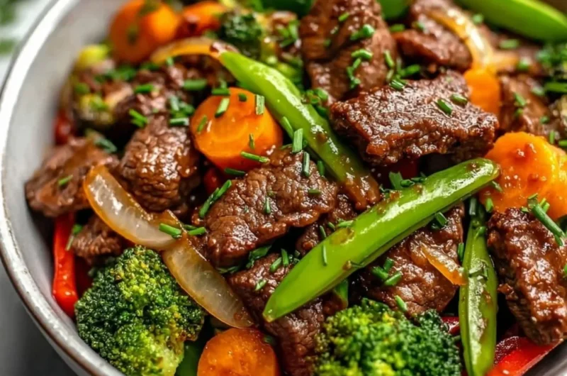 Beef stir fry with vibrant vegetables served on a plate