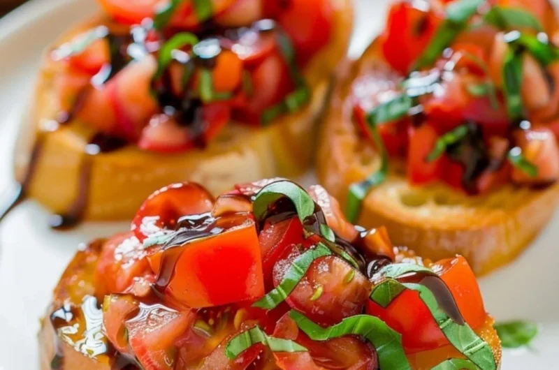 Plate of delicious bruschetta topped with tomatoes and basil