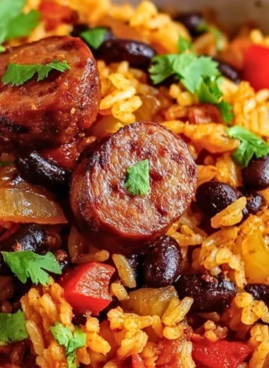 Plate of black beans and rice with sausage garnished fresh herbs