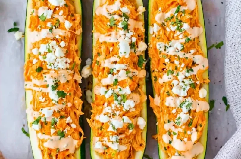 Buffalo chicken stuffed zucchini boats topped with cheese and herbs
