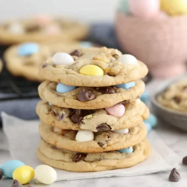 Freshly baked Cadbury Egg Cookies with chocolate and candy chunks
