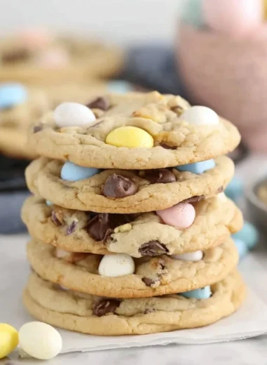Freshly baked Cadbury Egg Cookies with chocolate and candy chunks