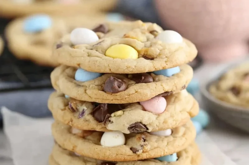 Freshly baked Cadbury Egg Cookies with chocolate and candy chunks