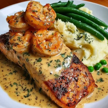 Cajun shrimp and salmon with garlic cream sauce on a plate with mashed potatoes and green beans.