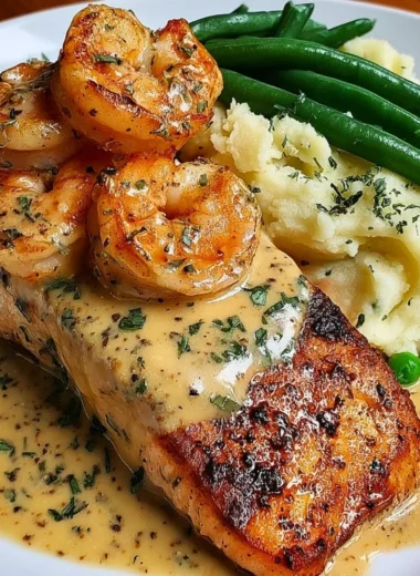 Cajun shrimp and salmon with garlic cream sauce on a plate with mashed potatoes and green beans.
