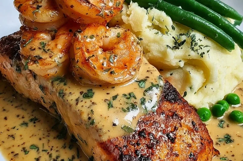 Cajun shrimp and salmon with garlic cream sauce on a plate with mashed potatoes and green beans.
