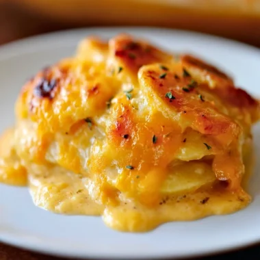 Delicious cheesy potato casserole served in a baking dish, ready to enjoy.
