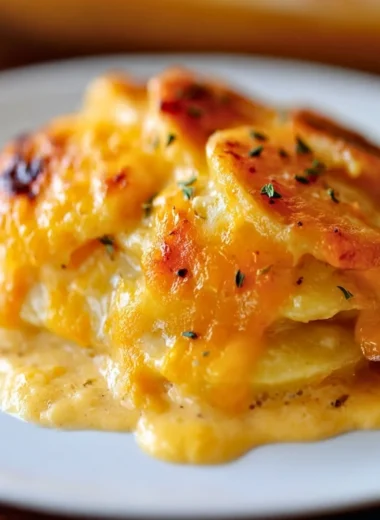 Delicious cheesy potato casserole served in a baking dish, ready to enjoy.