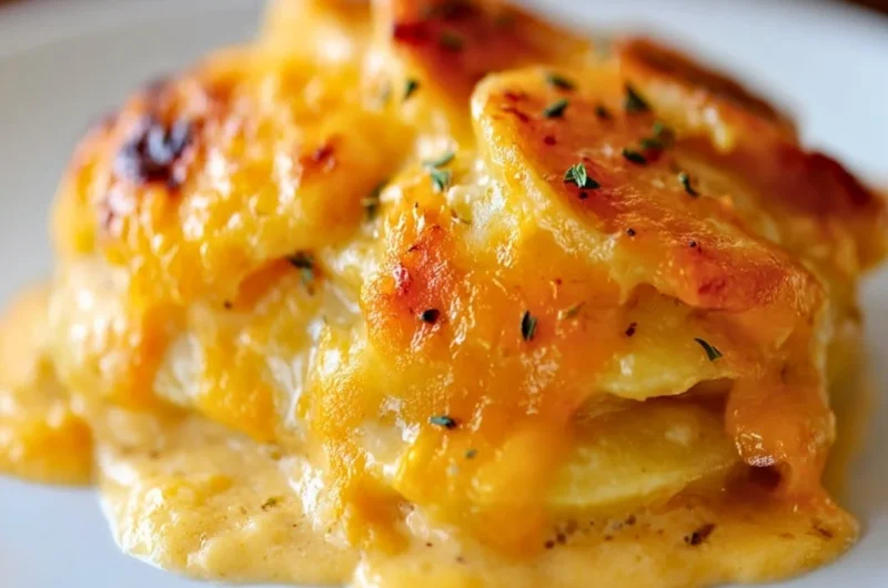 Delicious cheesy potato casserole served in a baking dish, ready to enjoy.