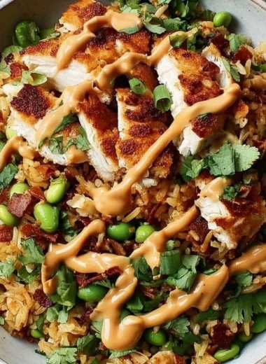 Delicious Chicken Crispy Rice Salad topped with Peanut Dressing