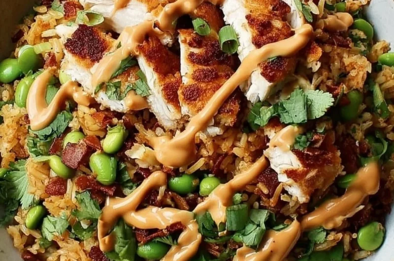Delicious Chicken Crispy Rice Salad topped with Peanut Dressing