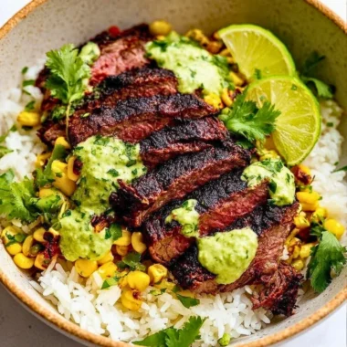 Cilantro Lime Steak and Rice Bowls garnished with fresh cilantro