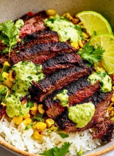 Cilantro Lime Steak and Rice Bowls garnished with fresh cilantro